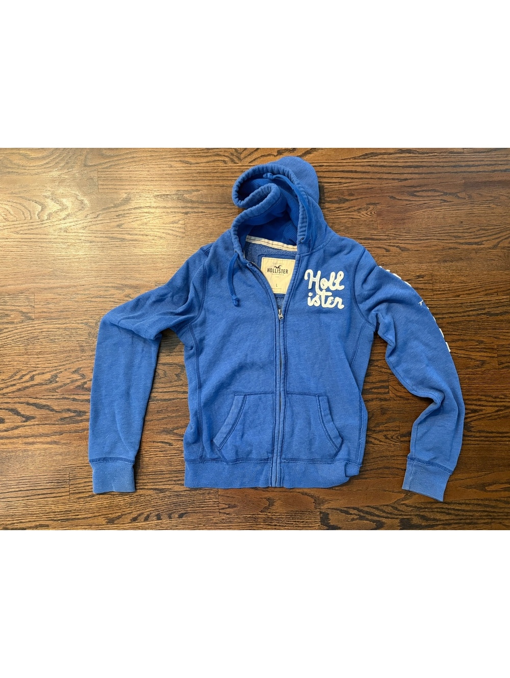 Hollister California Blue Full Zip Hoodie Women’s Large Y2K Logo Applique 1922